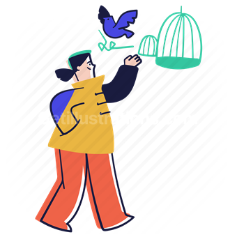 bird, cage, woman, pet, animal